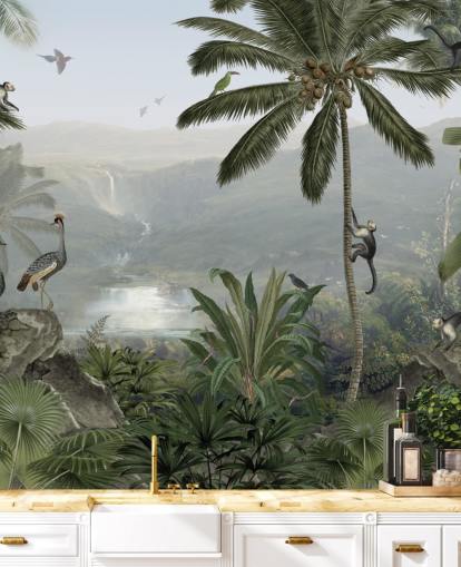 papier peint des grues tropicales et des singes dans la jungle