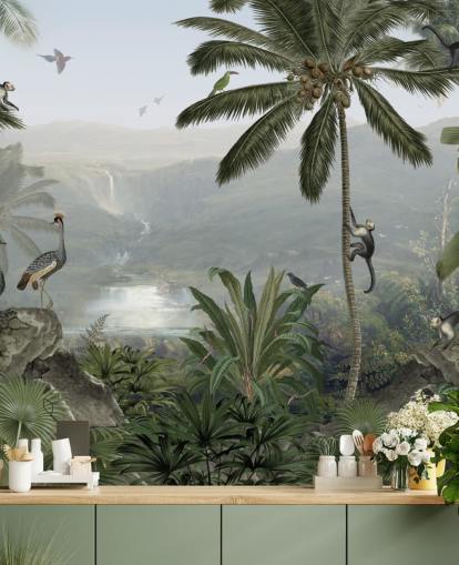 tropiske kraner og monkies i jungle tapet