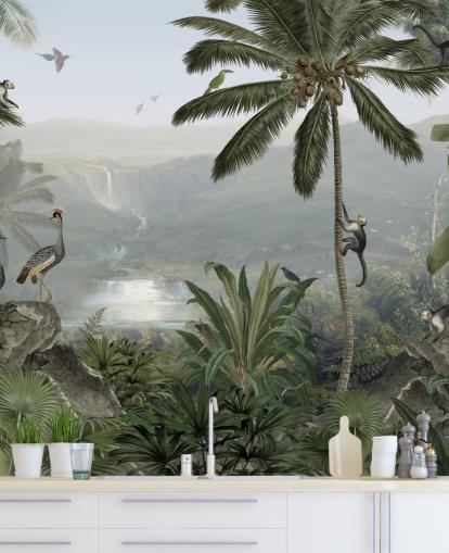 guindastes tropicais e macacos no papel de parede da selva