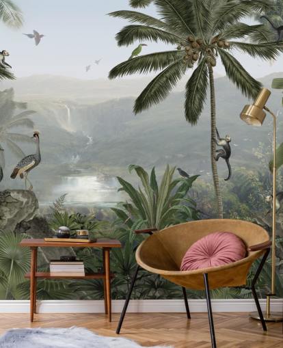 papel pintado grullas tropicales y monos en la selva