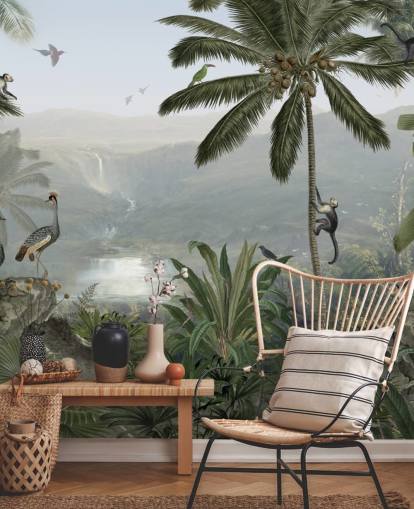 papier peint des grues tropicales et des singes dans la jungle