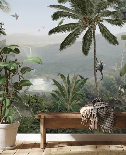 tropische kranen en monkies in jungle behang tropische kranen en monkies in jungle behang