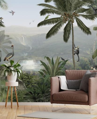 papier peint des grues tropicales et des singes dans la jungle