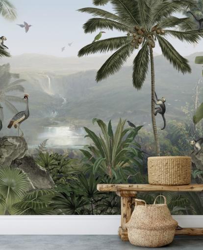 papier peint des grues tropicales et des singes dans la jungle