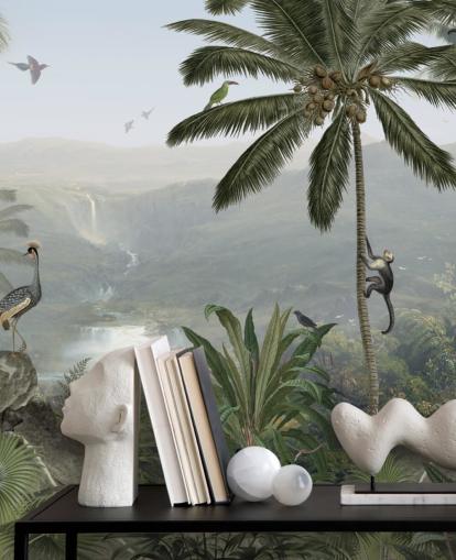 tropical cranes and monkies in jungle wallpaper