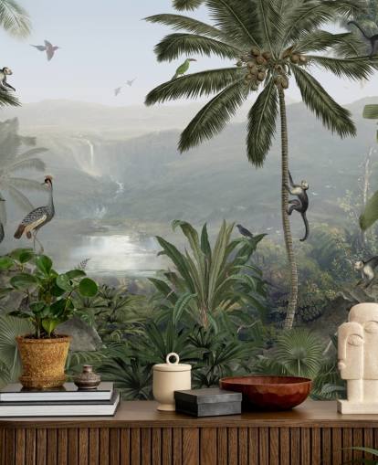 papel pintado grullas tropicales y monos en la selva