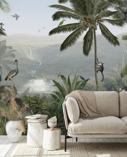 tropical cranes and monkies in jungle wallpaper