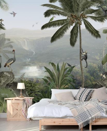 tropical cranes and monkies in jungle wallpaper