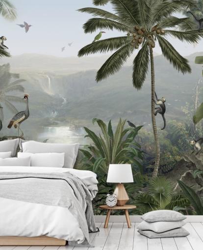 papel pintado grullas tropicales y monos en la selva