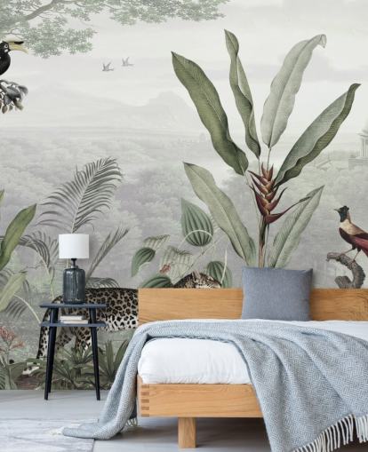 papel pintado leopardo y pájaros en la selva papel pintado leopardo y pájaros en la selva