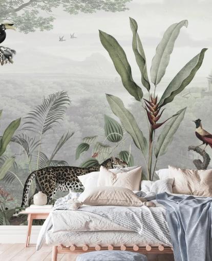 leopardo e pássaros na selva papel de parede