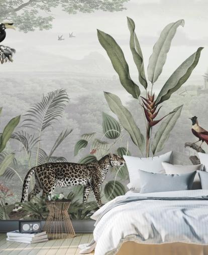leopard och fåglar i djungeln tapeter