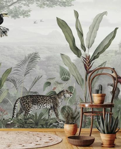 leopard og fugle i jungle tapet