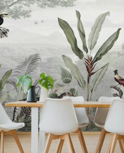 luipaard en vogels in jungle behang