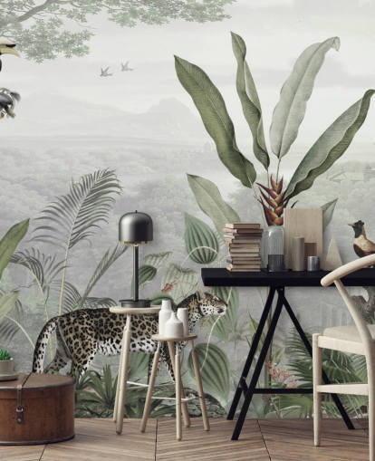leopard and birds in jungle wallpaper