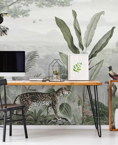 Leopard und Vögel im Dschungel Tapete