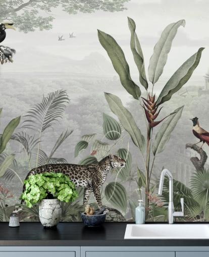 papel pintado leopardo y pájaros en la selva papel pintado leopardo y pájaros en la selva