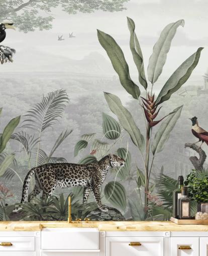 Leopard und Vögel im Dschungel Tapete