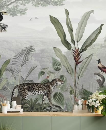 leopard and birds in jungle wallpaper