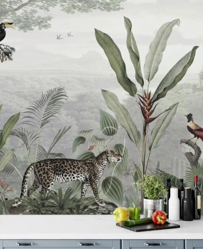 leopard and birds in jungle wallpaper