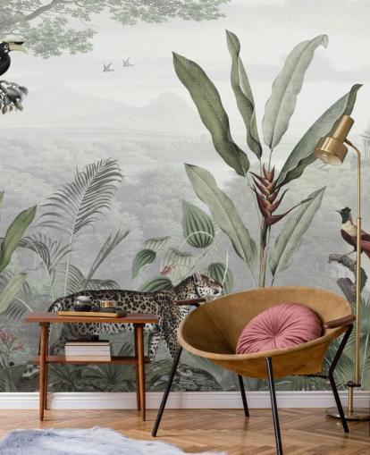 leopard and birds in jungle wallpaper