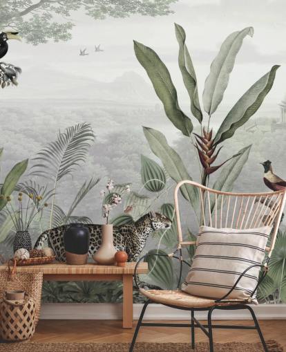 leopard and birds in jungle wallpaper