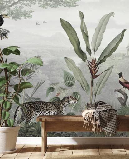 carta da parati leopardo e uccelli nella giungla carta da parati leopardo e uccelli nella giungla