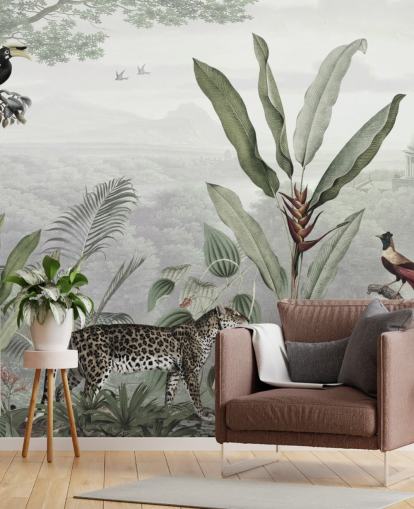 papel pintado leopardo y pájaros en la selva