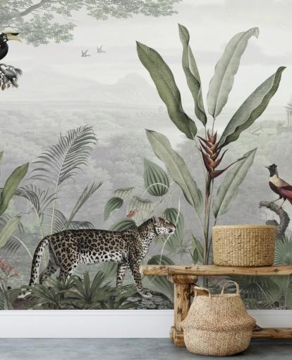papier peint léopard et oiseaux dans la jungle