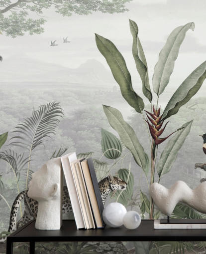 leopardo e pássaros na selva papel de parede