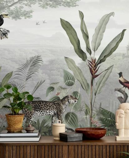 papier peint léopard et oiseaux dans la jungle