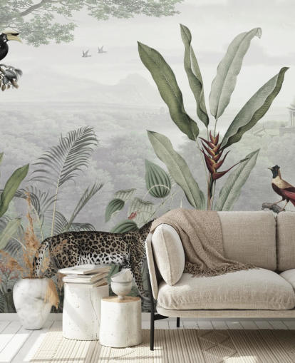 leopard och fåglar i djungeln tapeter