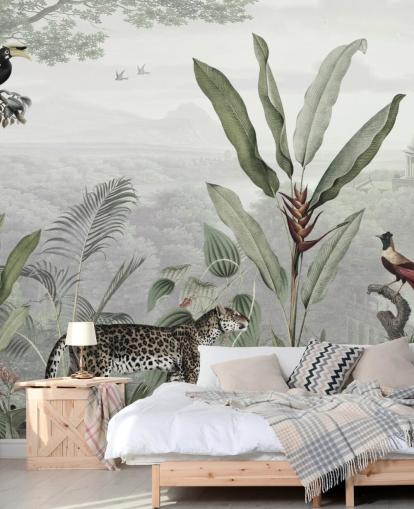 leopard och fåglar i djungeln tapeter