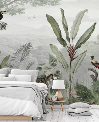 papel pintado leopardo y pájaros en la selva