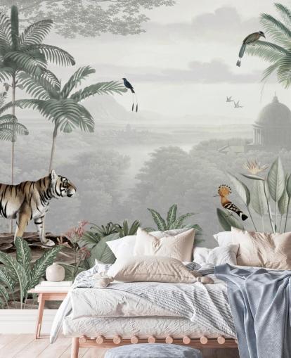 jungle with tiger and birds wallpaper