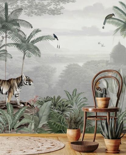 papier peint jungle avec tigre et oiseaux