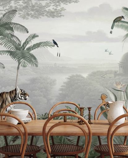 selva com tigre e pássaros papel de parede