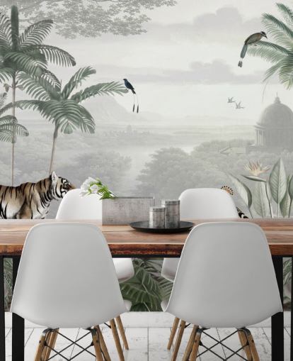 Fondo de pantalla de selva con tigre y pájaros