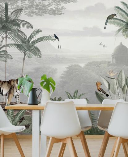 selva com tigre e pássaros papel de parede