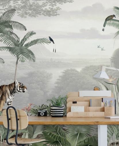 Fondo de pantalla de selva con tigre y pájaros