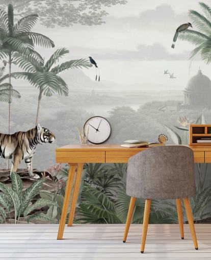 jungle met tijger- en vogelbehang