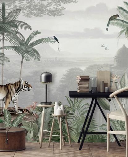 jungle with tiger and birds wallpaper