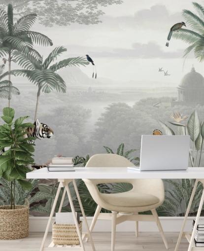 papier peint jungle avec tigre et oiseaux papier peint jungle avec tigre et oiseaux