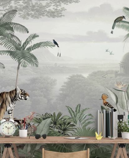 jungle with tiger and birds wallpaper