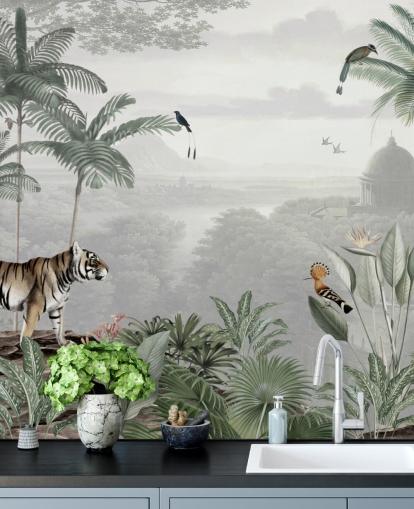 jungle med tiger og fugle tapet