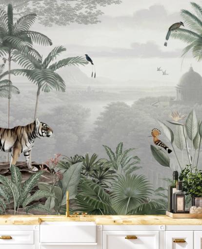 selva com tigre e pássaros papel de parede