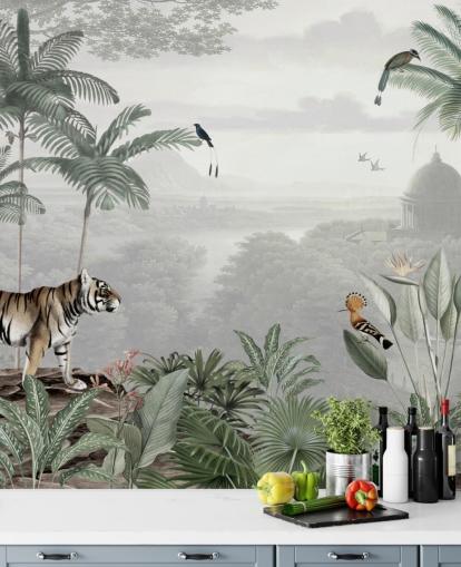 selva com tigre e pássaros papel de parede selva com tigre e pássaros papel de parede