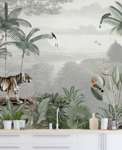 jungle med tiger og fugle tapet