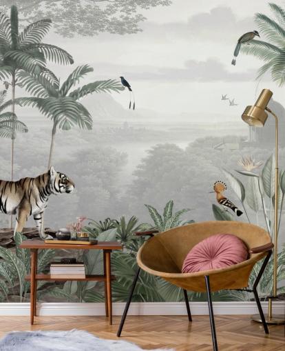 Fondo de pantalla de selva con tigre y pájaros