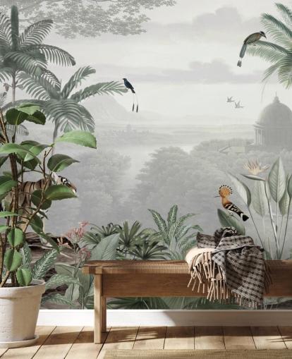 jungle med tiger og fugle tapet